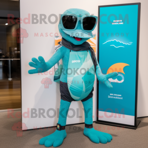 Teal Geckos mascot costume character dressed with a Board Shorts and Eyeglasses