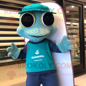 Teal Geckos mascot costume character dressed with a Board Shorts and Eyeglasses