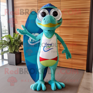 Teal Geckos mascot costume character dressed with a Board Shorts and Eyeglasses