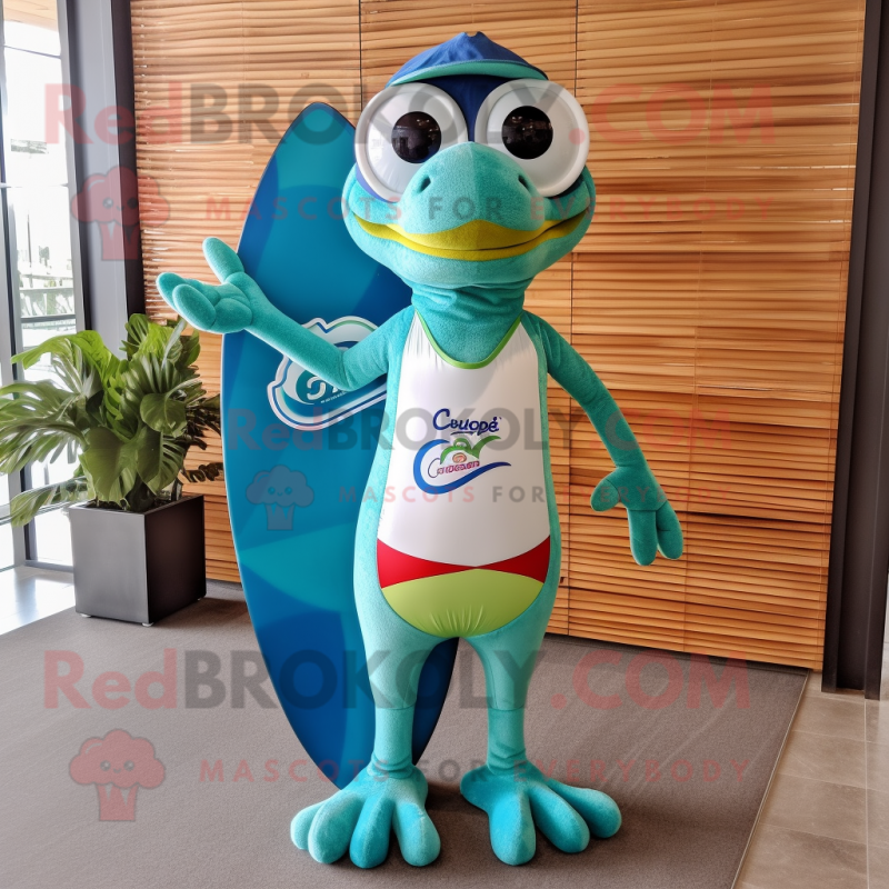 Teal Geckos mascot costume character dressed with a Board Shorts and Eyeglasses Teal Geckos mascot costume character dressed with a Board Shorts and Eyeglasses