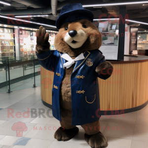 Navy Beaver mascot costume character dressed with a Leather Jacket and Clutch bags