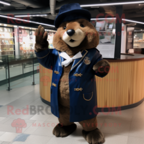 Navy Beaver mascot costume character dressed with a Leather Jacket and Clutch bags