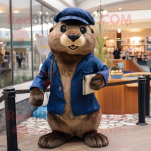 Navy Beaver mascot costume character dressed with a Leather Jacket and Clutch bags