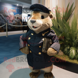 Navy Beaver mascot costume character dressed with a Leather Jacket and Clutch bags