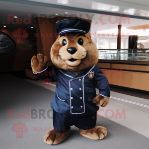 Navy Beaver mascot costume character dressed with a Leather Jacket and Clutch bags