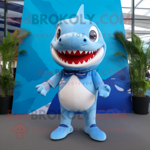 Sky Blue Shark mascot costume character dressed with a T-Shirt and Foot pads