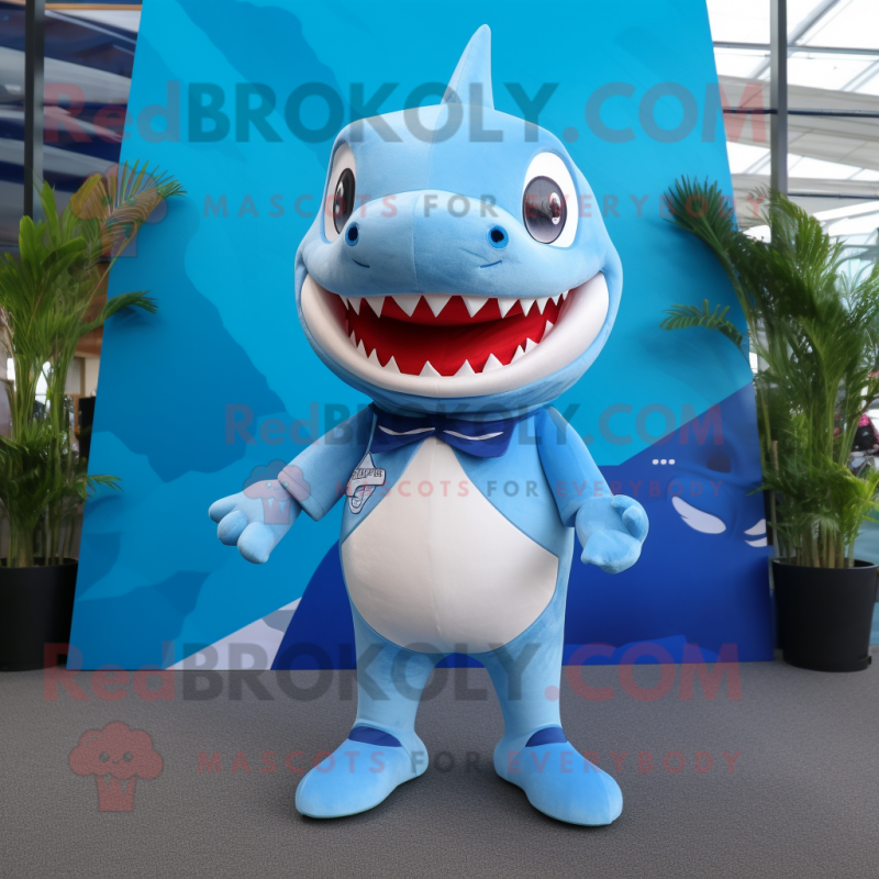 Sky Blue Shark mascot costume character dressed with a T-Shirt and Foot pads Sky Blue Shark mascot costume character dressed with a T-Shirt and Foot pads