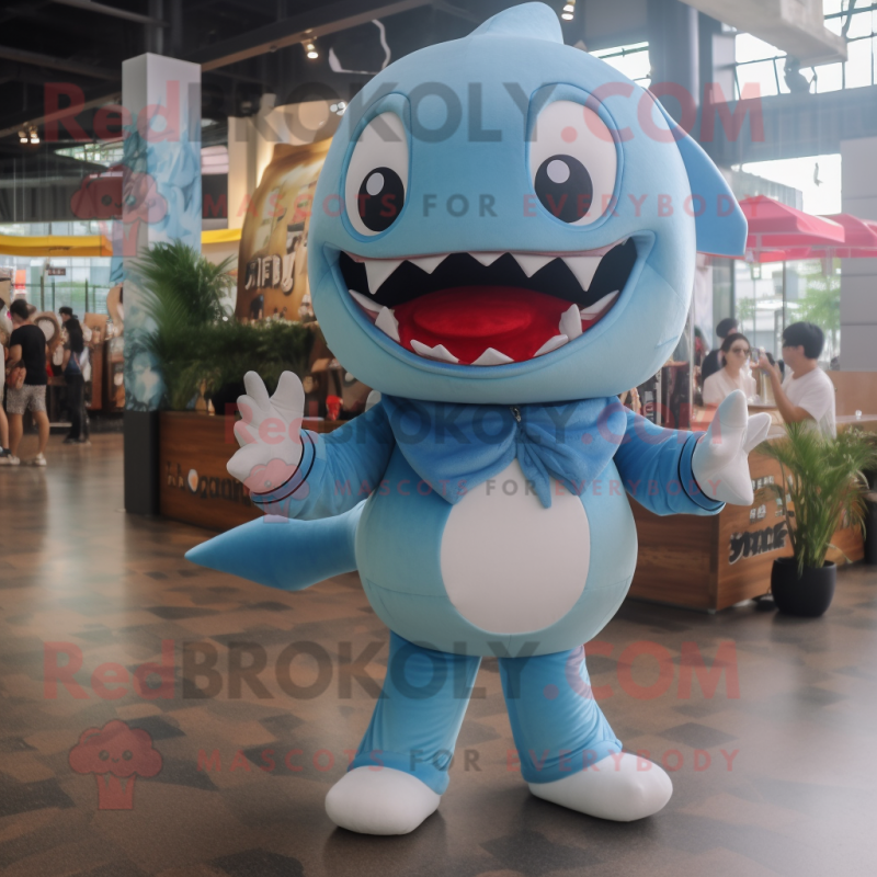 Sky Blue Shark mascot costume character dressed with a T-Shirt and Foot pads Sky Blue Shark mascot costume character dressed with a T-Shirt and Foot pads