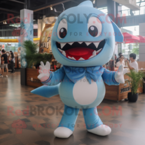 Sky Blue Shark mascot costume character dressed with a T-Shirt and Foot pads