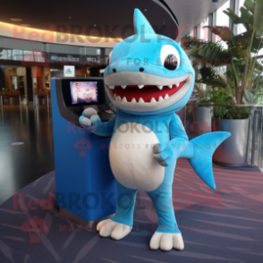 Sky Blue Shark mascot costume character dressed with a T-Shirt and Foot pads