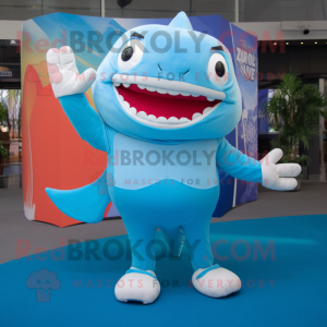 Sky Blue Shark mascot costume character dressed with a T-Shirt and Foot pads