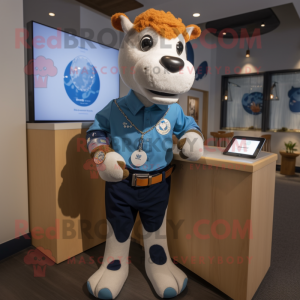Blue Guernsey Cow mascot costume character dressed with a Henley Shirt and Digital watches