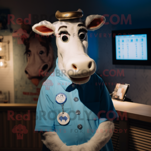 Blue Guernsey Cow mascot costume character dressed with a Henley Shirt and Digital watches