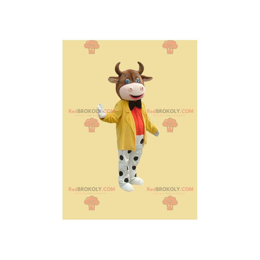 Brown cow mascot dressed in a colorful outfit - Redbrokoly.com