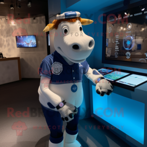 Blue Guernsey Cow mascot costume character dressed with a Henley Shirt and Digital watches