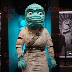 Cyan Mummy mascot costume character dressed with a Jacket and Suspenders