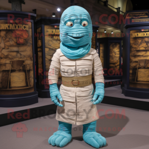 Cyan Mummy mascot costume character dressed with a Jacket and Suspenders