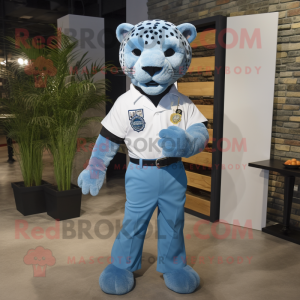 Blue Jaguar mascot costume character dressed with a Dress Shirt and Suspenders