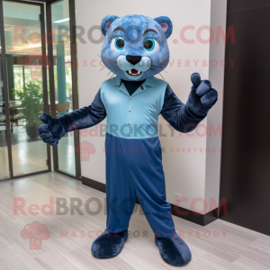 Blue Jaguar mascot costume character dressed with a Dress Shirt and Suspenders