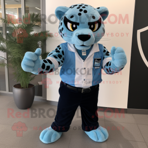 Blue Jaguar mascot costume character dressed with a Dress Shirt and Suspenders