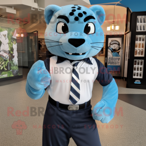 Blue Jaguar mascot costume character dressed with a Dress Shirt and Suspenders