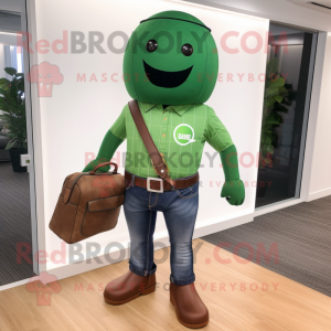 Forest Green Grenade mascot costume character dressed with a Bootcut Jeans and Briefcases