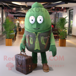 Forest Green Grenade mascot costume character dressed with a Bootcut Jeans and Briefcases