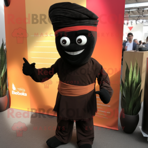 Black Tikka Masala mascot costume character dressed with a Corduroy Pants and Wraps