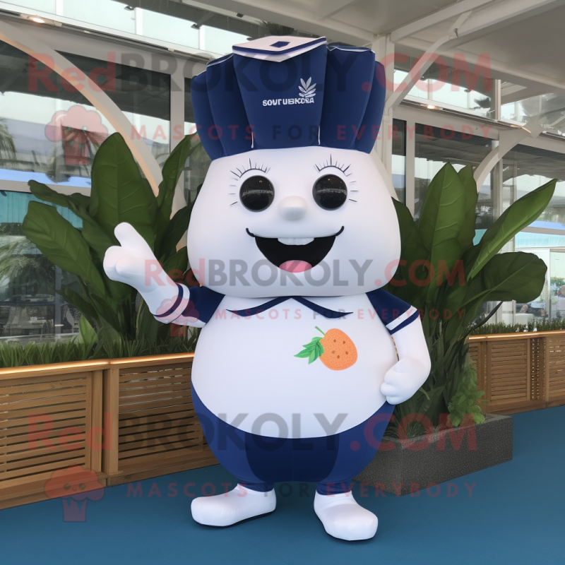 Navy Radish mascot costume character dressed with a Swimwear and Foot pads