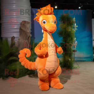 Orange Seahorse mascot costume character dressed with a Dress and Suspenders