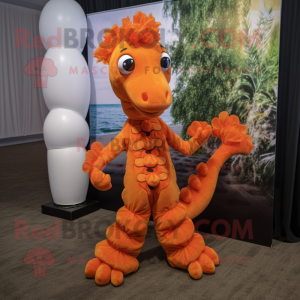 Orange Seahorse mascot costume character dressed with a Dress and Suspenders
