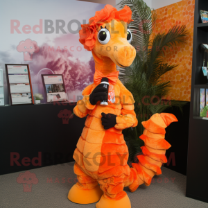 Orange Seahorse mascot costume character dressed with a Dress and Suspenders