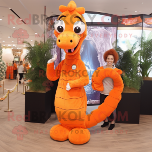 Orange Seahorse mascot costume character dressed with a Dress and Suspenders