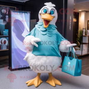 Cyan Swan mascot costume character dressed with a Henley Tee and Clutch bags