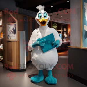 Cyan Swan mascot costume character dressed with a Henley Tee and Clutch bags