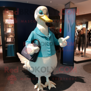 Cyan Swan mascot costume character dressed with a Henley Tee and Clutch bags