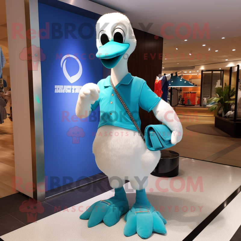 Cyan Swan mascot costume character dressed with a Henley Tee and Clutch bags