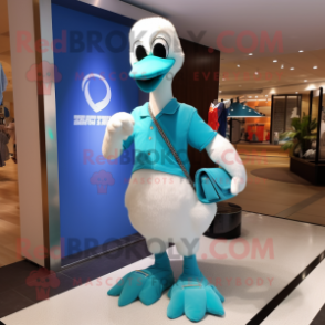 Cyan Swan mascot costume character dressed with a Henley Tee and Clutch bags