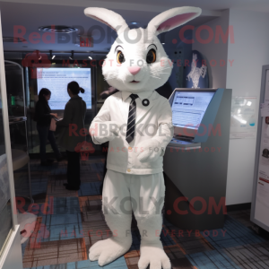 White Rabbit mascot costume character dressed with a Long Sleeve Tee and Tie pins