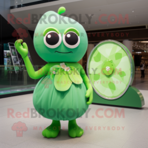 Green Plum mascot costume character dressed with a Bikini and Coin purses