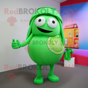 Green Plum mascot costume character dressed with a Bikini and Coin purses