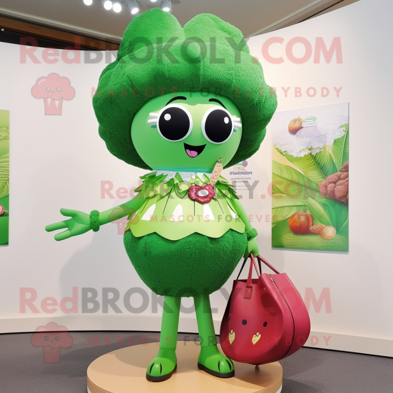 Green Plum mascot costume character dressed with a Bikini and Coin purses