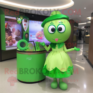 Green Plum mascot costume character dressed with a Bikini and Coin purses