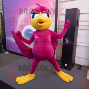 Magenta Canary mascot costume character dressed with a Yoga Pants and Earrings