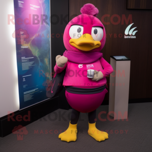 Magenta Canary mascot costume character dressed with a Yoga Pants and Earrings