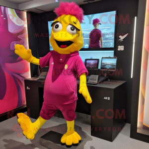 Magenta Canary mascot costume character dressed with a Yoga Pants and Earrings