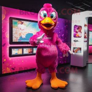 Magenta Duck mascot costume character dressed with a Swimwear and Lapel pins