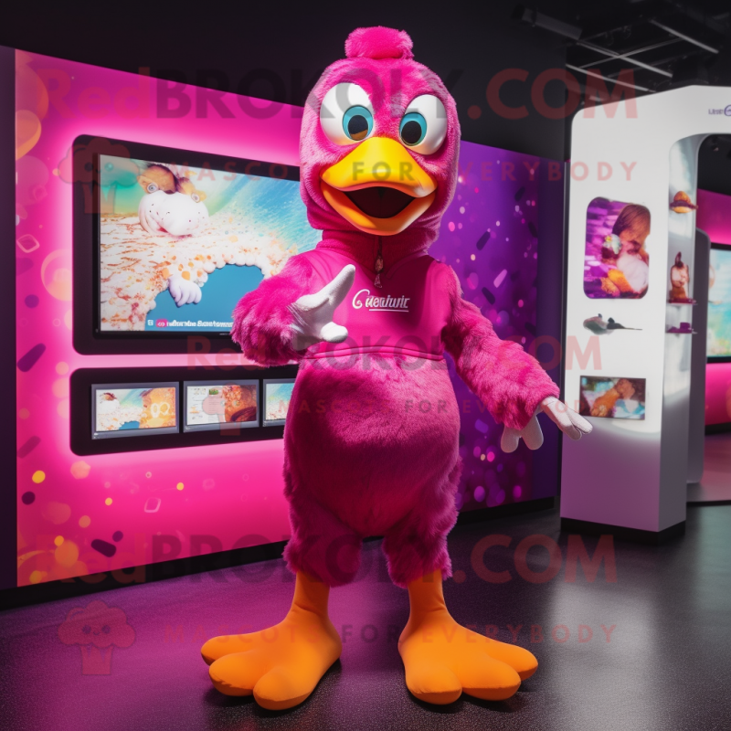 Magenta Duck mascot costume character dressed with a Swimwear and Lapel pins