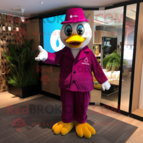 Magenta Duck mascot costume character dressed with a Swimwear and Lapel pins