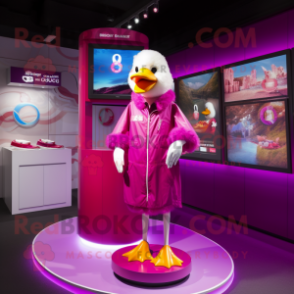 Magenta Duck mascot costume character dressed with a Swimwear and Lapel pins